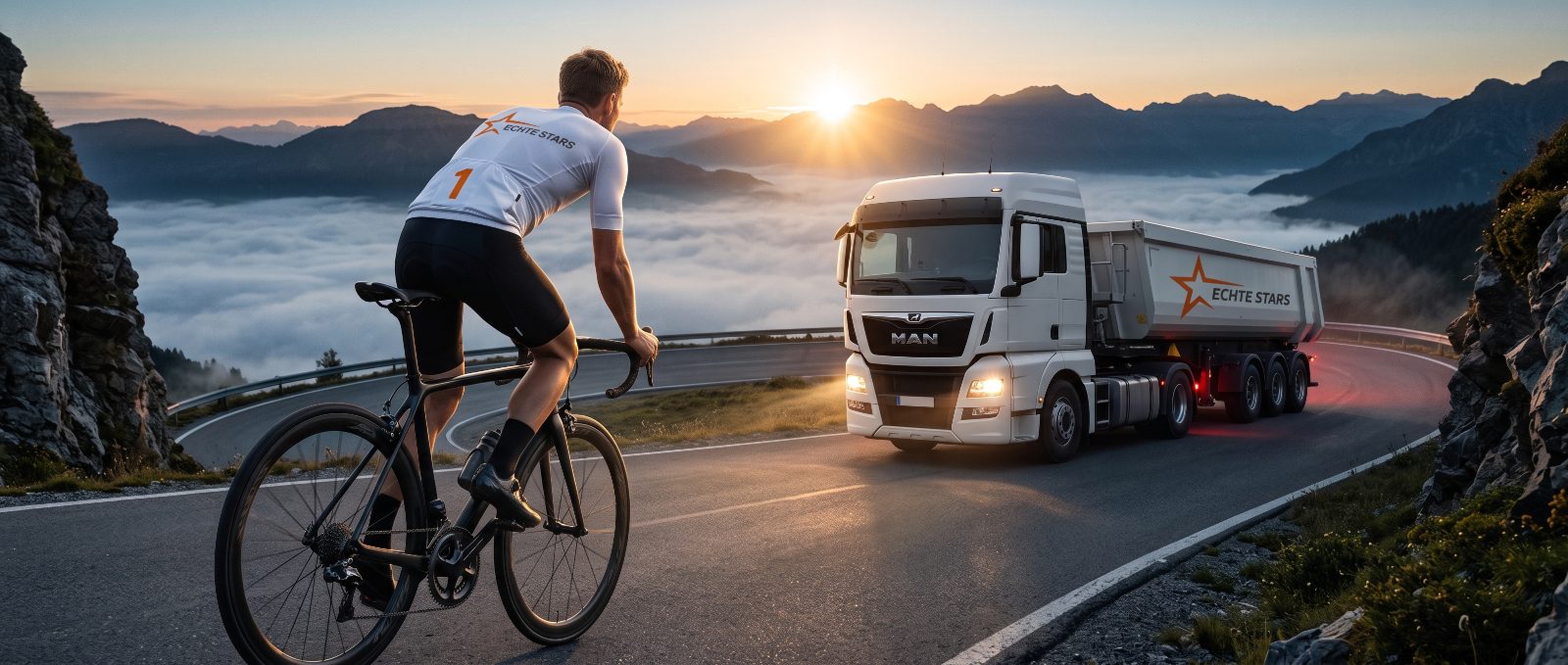 Rennradfahrer und Kippsattel am Bergpass im Morgenlicht