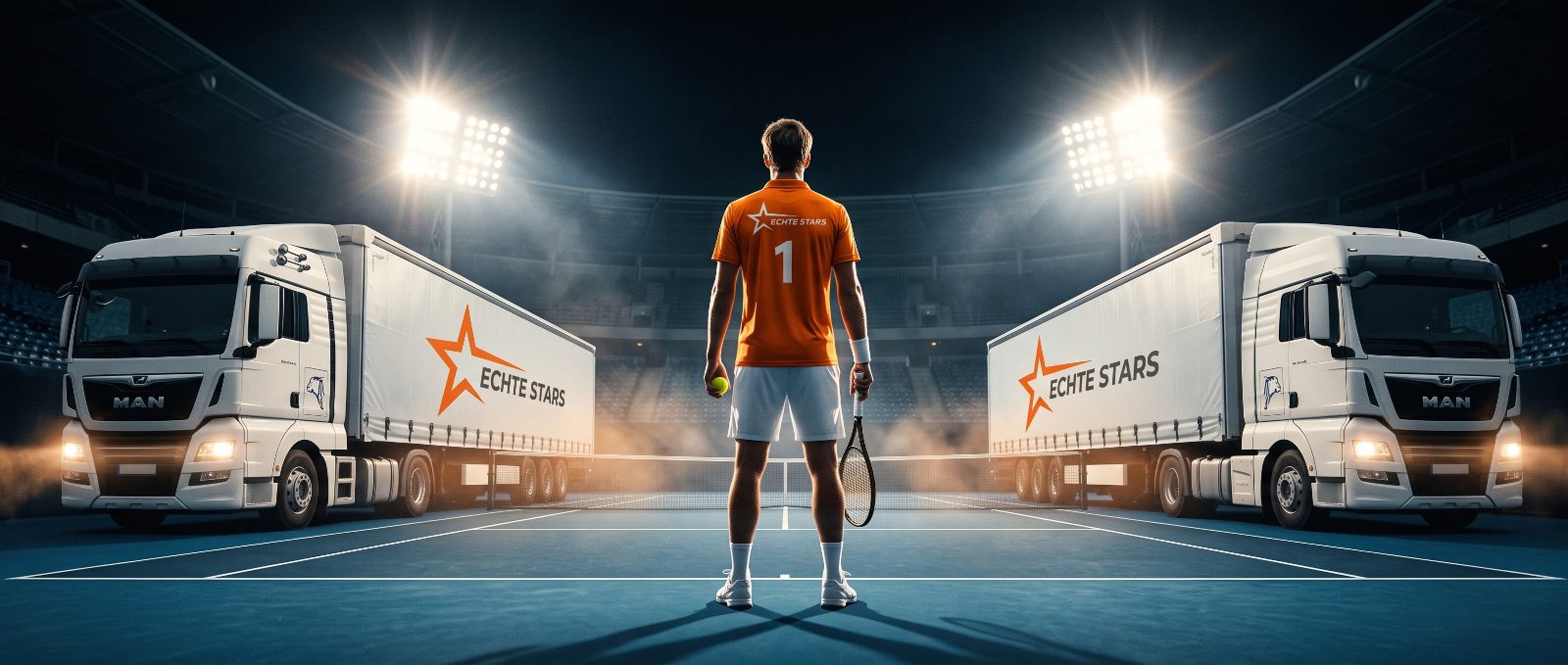 Tennisspieler zwischen zwei Sattelzügen am Center Court