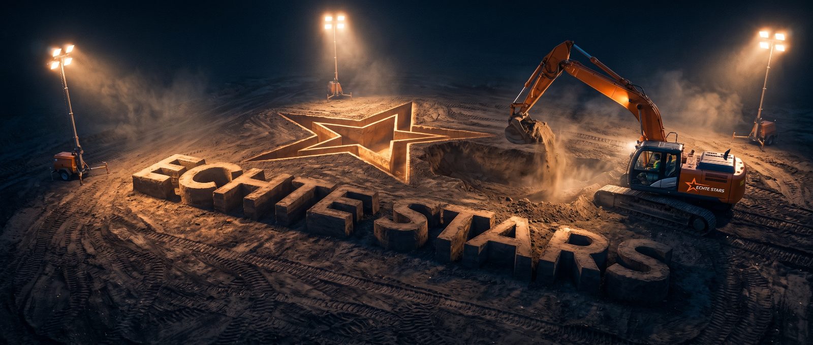 Bagger formt den Echte-Stars-Schriftzug aus Erde