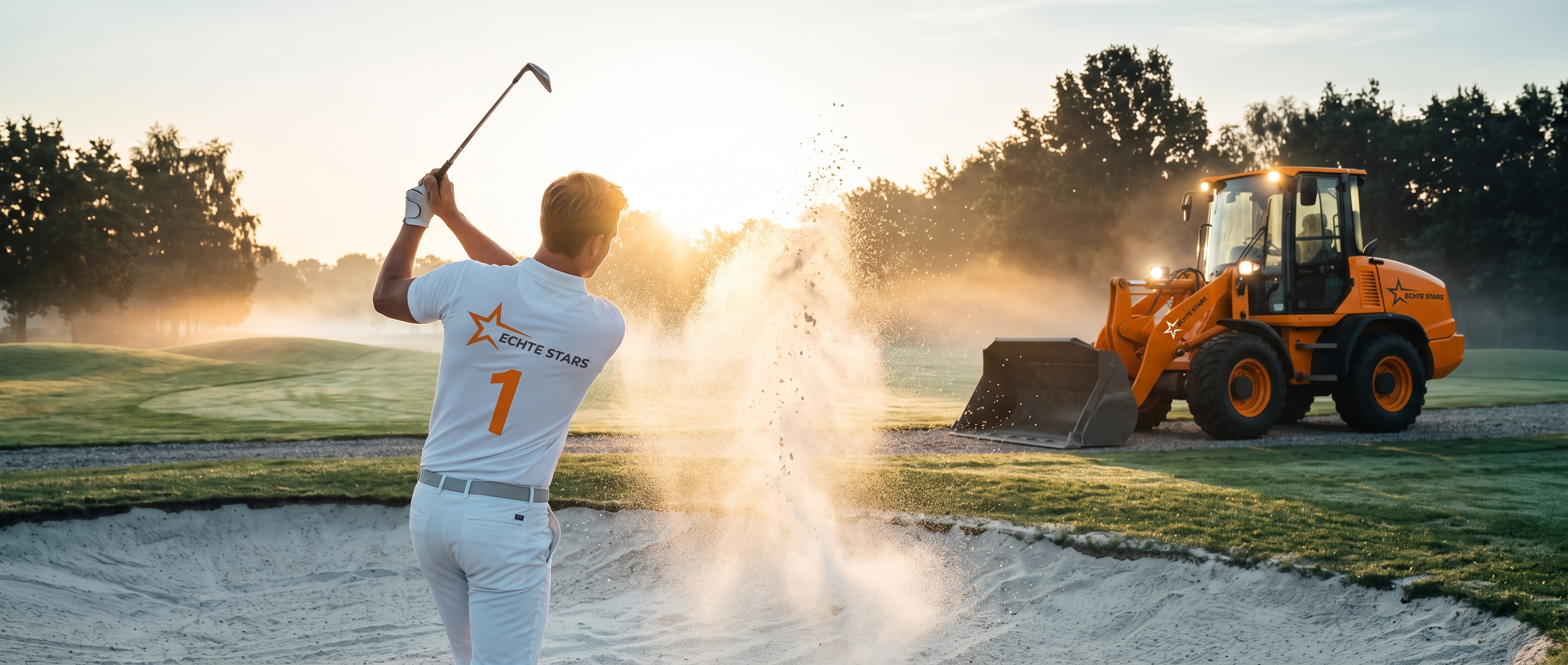 Golfer schlägt aus dem Bunker, Radlader am Rand
