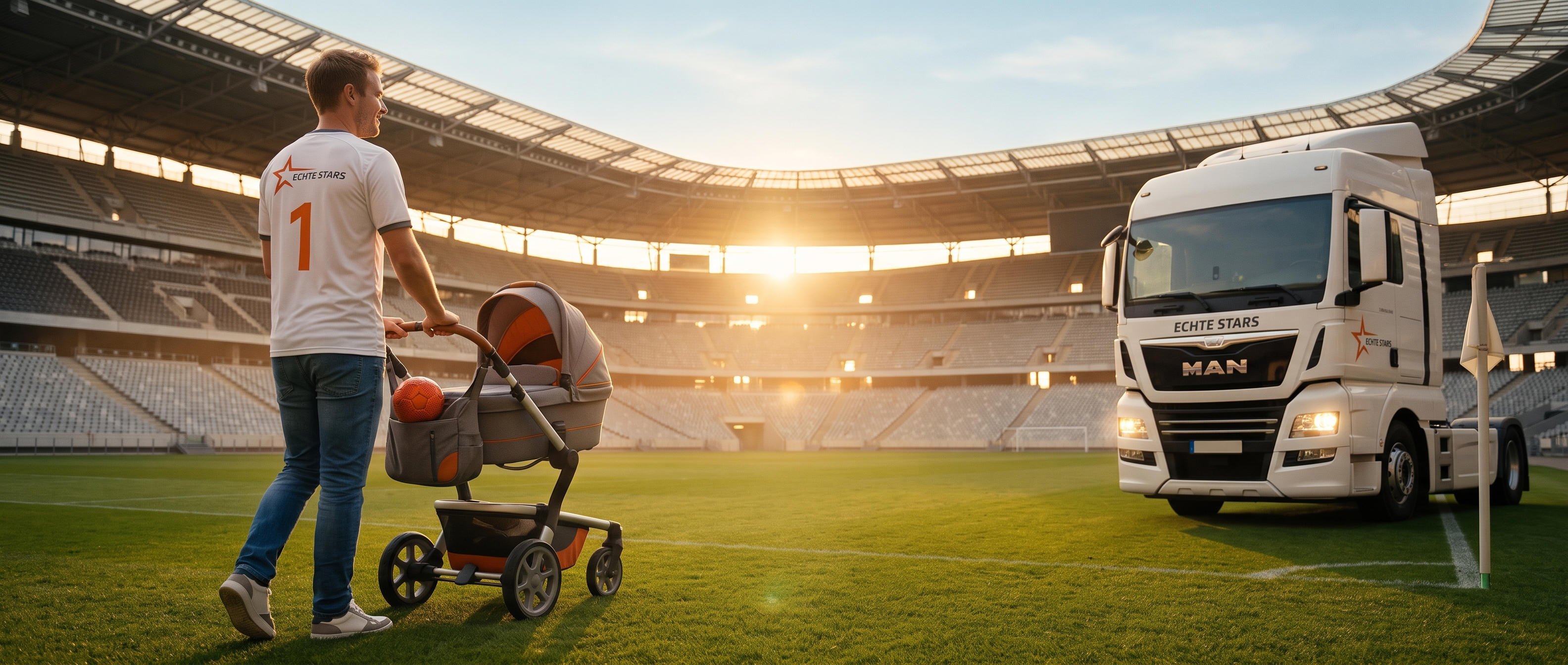 Vater schiebt den Kinderwagen über das goldene Spielfeld
