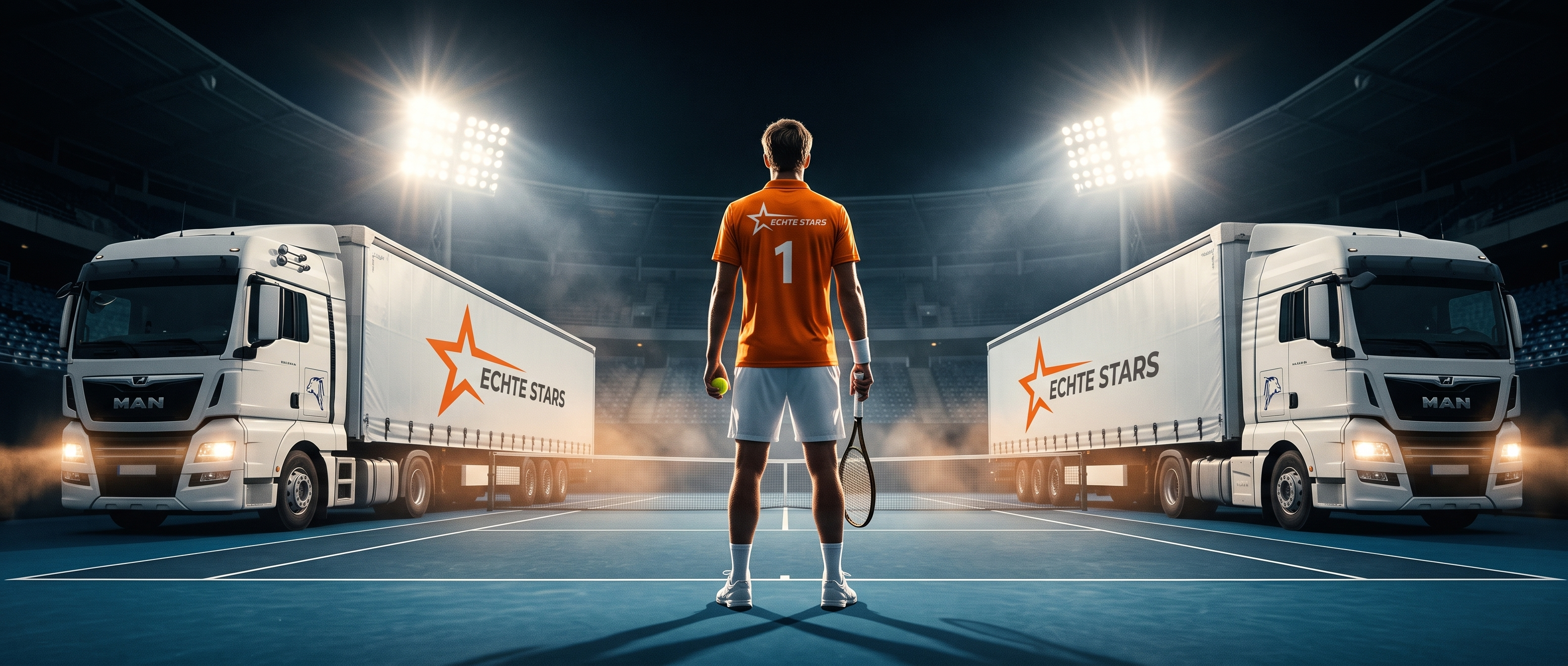 Tennisspieler zwischen zwei Sattelzügen am Center Court
