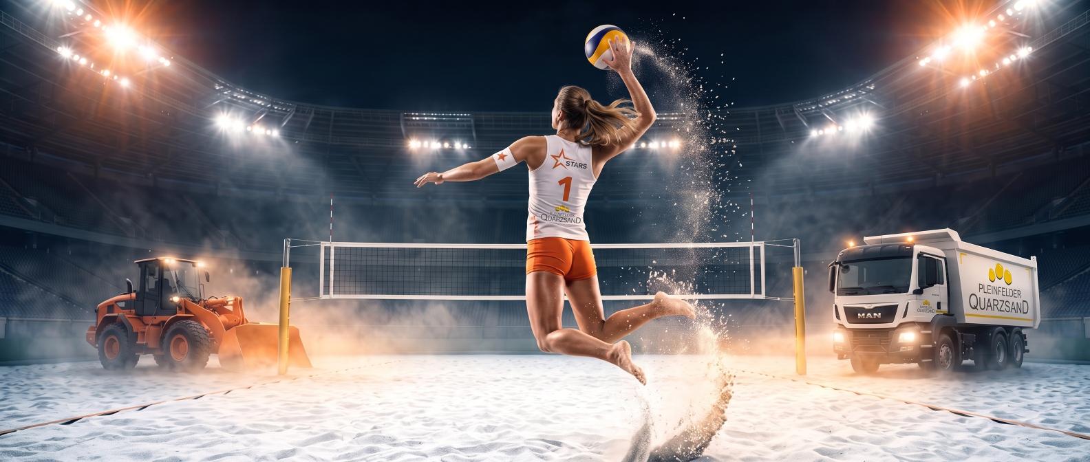 Beachvolleyballerin im Quarzsand-Trikot, daneben Radlader und Kippsattel von Pleinfelder Quarzsand