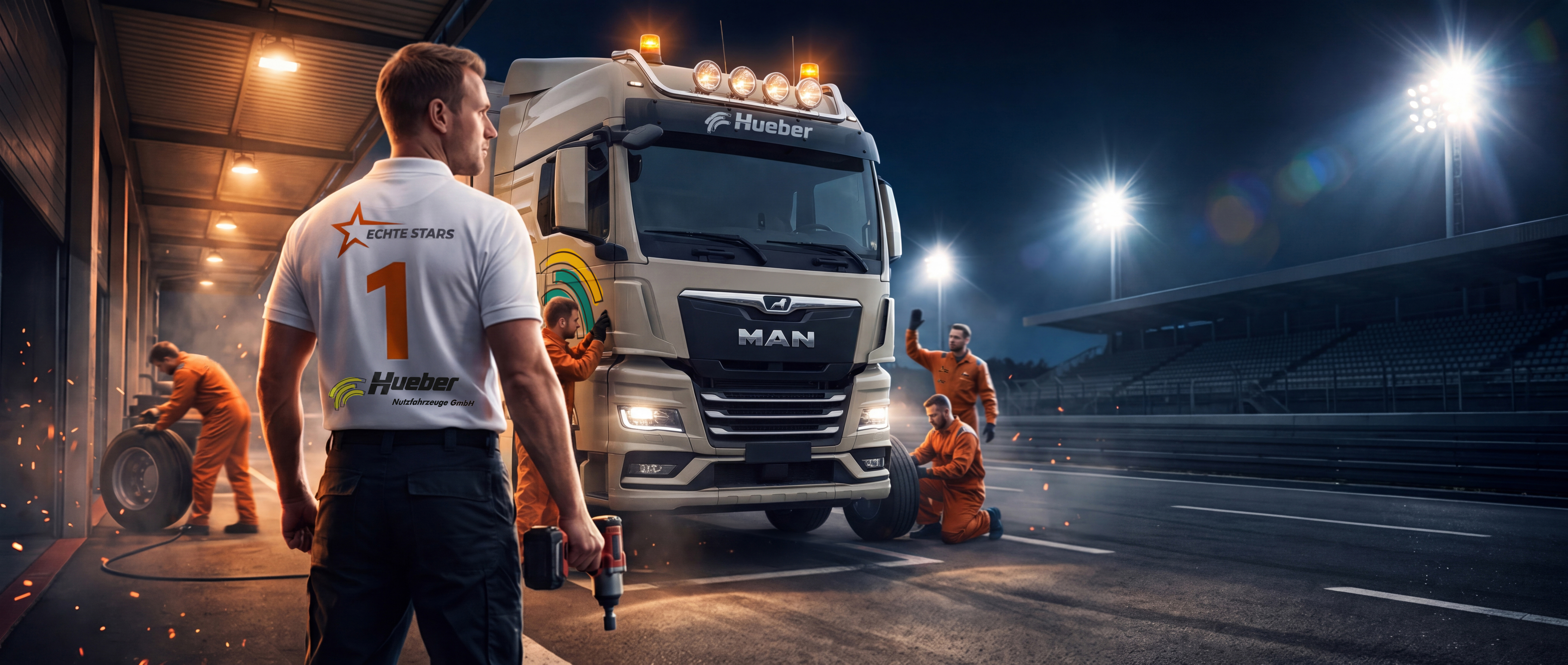 Boxenstopp an einem MAN mit Lampenbügel, Mechaniker links im Bild