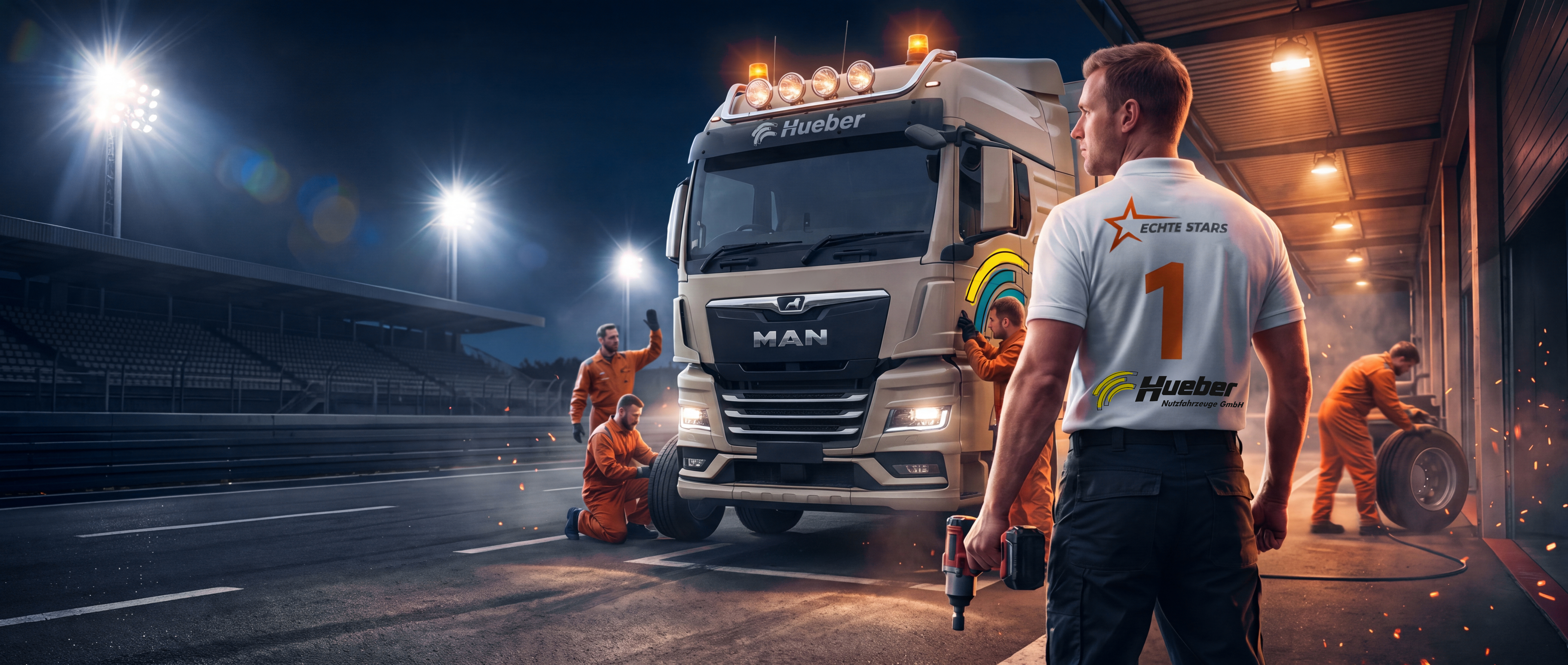 Boxenstopp an einem MAN mit Lampenbügel, Mechaniker rechts im Bild