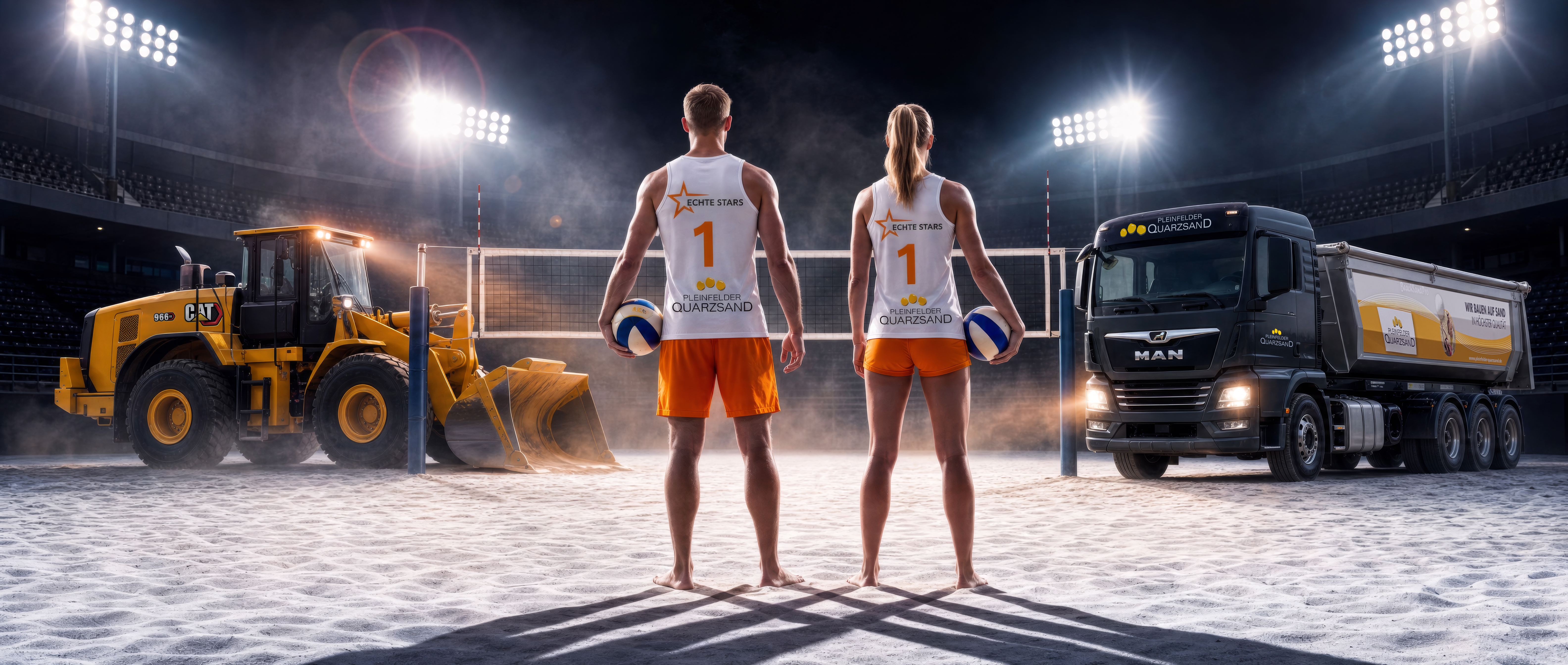 Beachvolleyball-Team aus Mann und Frau zwischen Radlader und MAN-Kipper